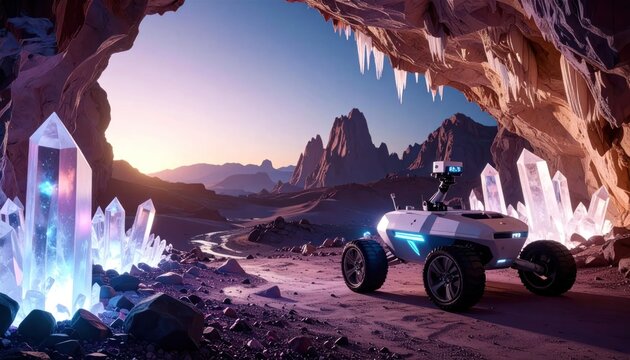 Futuristic vehicle in crystal cave landscape.