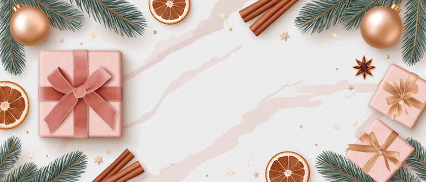 Festive Holiday Frame: A charming composition of Christmas ornaments, dried orange slices, cinnamon sticks, and gift boxes arranged as a festive border.