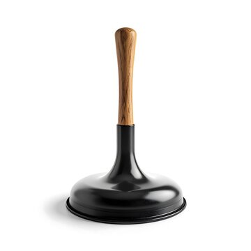 Black cast iron doorstop with wooden handle.