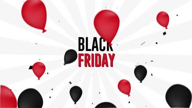 Black Friday Text Animation with Falling Balloons and Confetti on Retro Vintage Sunburst Background