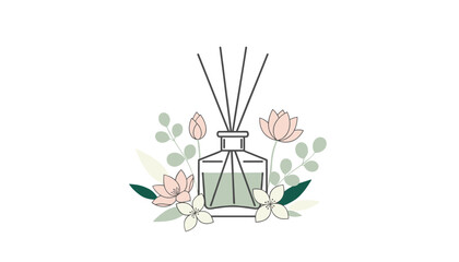 Obraz premium Fragrance reed diffuser glass bottle filled with green liquid is surrounded by beautiful pink lotus flowers in a spa.