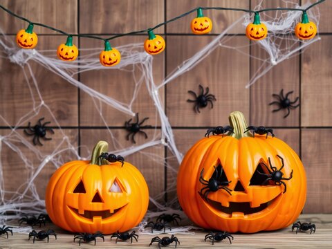 Two carved jack o lantern pumpkins with spiders and glowing pumpkin fairy lights for halloween decorations on a rustic wooden background
