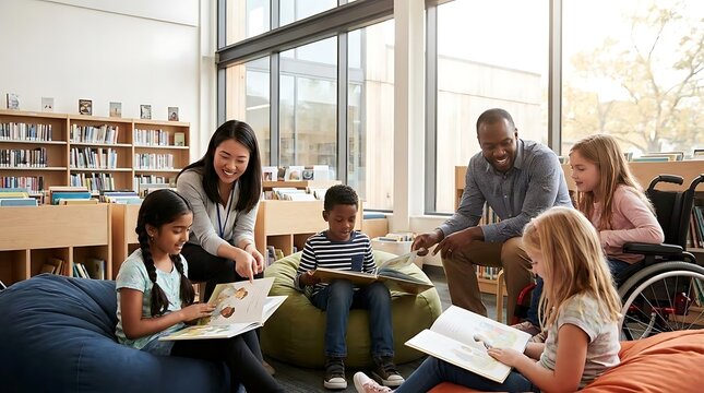 Diverse group of children and adults reading in library.