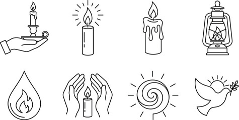 Naklejka premium Light, Hope, and Peace Symbols Line Art Vector Set Featuring Candles, Lantern, Flame Droplet, Cupped Hands, Sun, and Dove