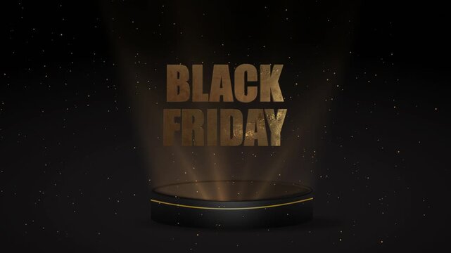Black Friday Gold Text Assembling Over Black Luxury Podium Stage with Spotlight and Particle Dust Loop animation