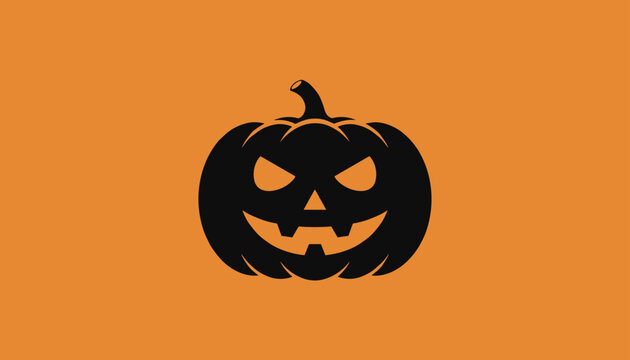 Spooky black silhouette of a carved jack o lantern halloween pumpkin over bright solid orange background.