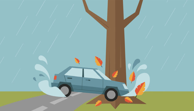 Blue car crashes into a tree trunk during a heavy rainstorm with autumn leaves blowing and water splashing on the road.
