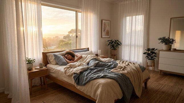 Young woman sleeping peacefully in a cozy bedroom during a beautiful golden sunrise.