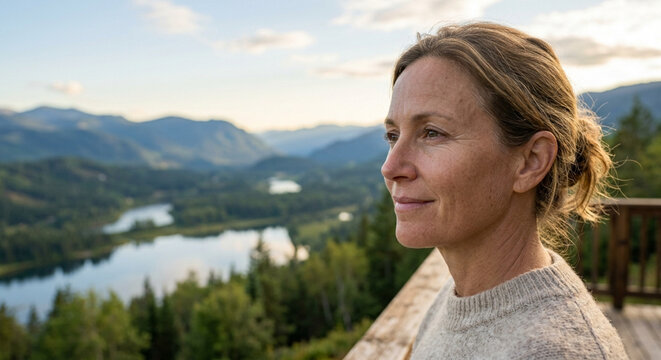 A serene woman looking out at a beautiful mountain lake landscape during golden hour.