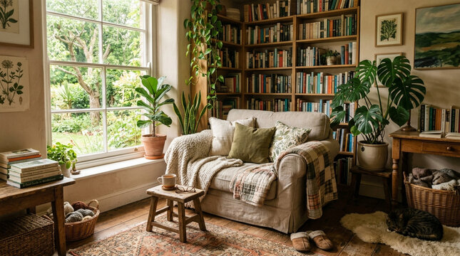 Cozy living room interior with comfortable armchair bookshelves and many indoor plants by the window.