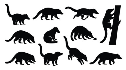 Fototapeta premium Black bear movement and behavior vector illustration set. Walking, running, sitting, climbing, and sniffing poses. Wildlife animal silhouettes for educational materials.