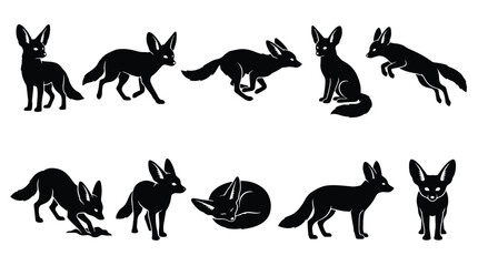 Obraz premium Australian dingo and wild dog icon set. Eight solid black silhouettes showing standing, sitting, running, and howling poses. Vector illustrations for wildlife projects.
