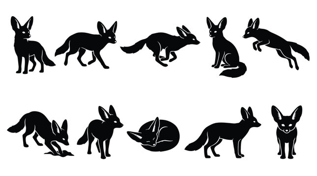 Australian dingo and wild dog icon set. Eight solid black silhouettes showing standing, sitting, running, and howling poses. Vector illustrations for wildlife projects.