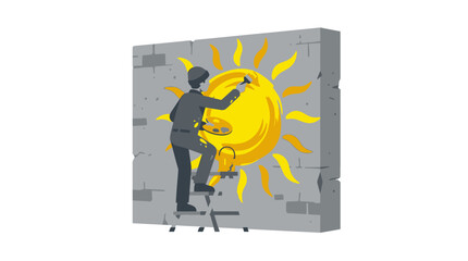 Artist paints bright sun mural on brick wall © Lemah