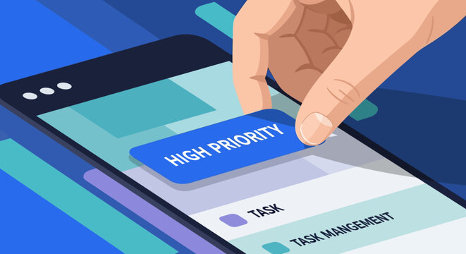 Digital interface with hand pressing 'High Priority' button on smartphone screen, concept for task management, productivity, and strategic planning in business.
