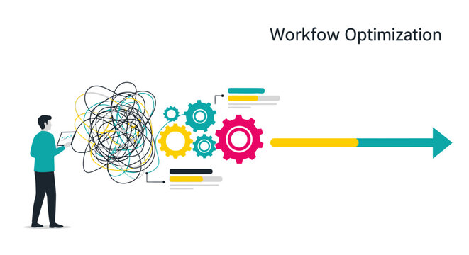 Abstract tangled lines and gears transforming into a streamlined arrow with a person, concept for workflow optimization, process improvement, and business efficiency solutions