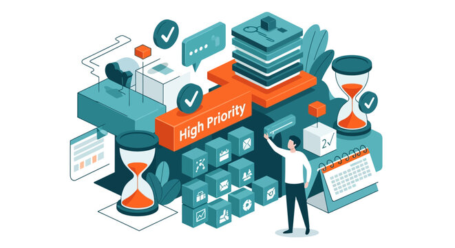 Abstract isometric planning concept with high priority tasks and hourglasses, representing time management and workflow efficiency for business strategy and project execution.