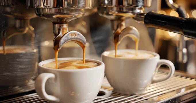 Two espresso shots being brewed simultaneously into white cups in a cozy caf? setting