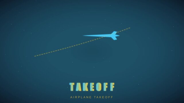 Airplane takeoff animation: minimalist blue jet plane ascending with dotted flight path 4k aviation