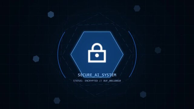 Digital security lock icon on dark background with futuristic network elements.