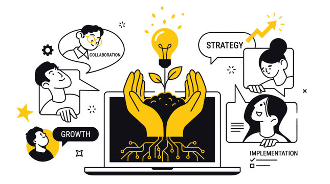 Business strategy and growth concept vector, creative team collaboration with lightbulb idea, digital implementation and startup development illustration