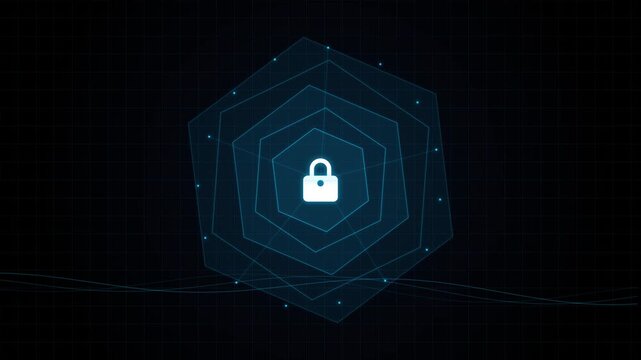 Digital security lock icon on abstract futuristic hexagonal background.