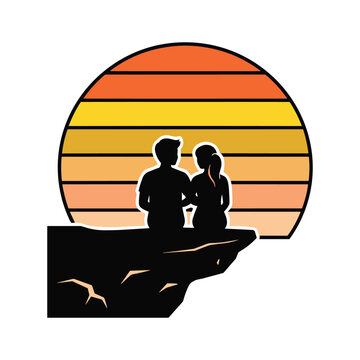 Silhouette of romantic couple on cliff edge against retro sunset background.
