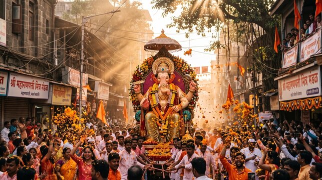 Ganesha Chaturthi, a grand procession on the streets with Ganesha idols on palanquins carried by dhoti clad men, spectators on both sides of the road, Ai generated images