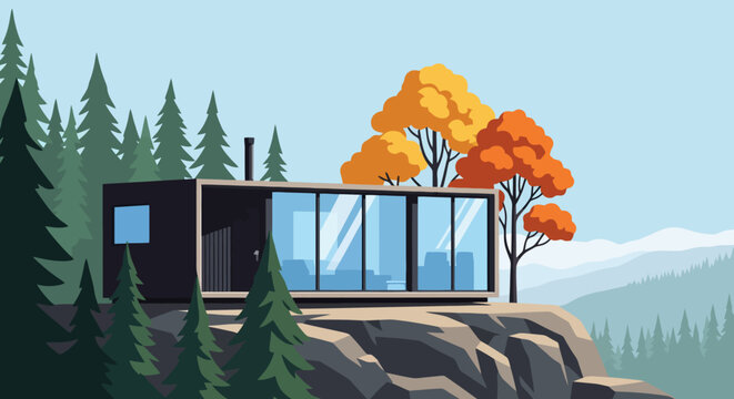 Modern modular tiny house on a mountain cliff in autumn forest vector illustration