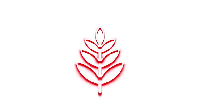 Abstract red plant growing with glowing neon outline and shadow on white background