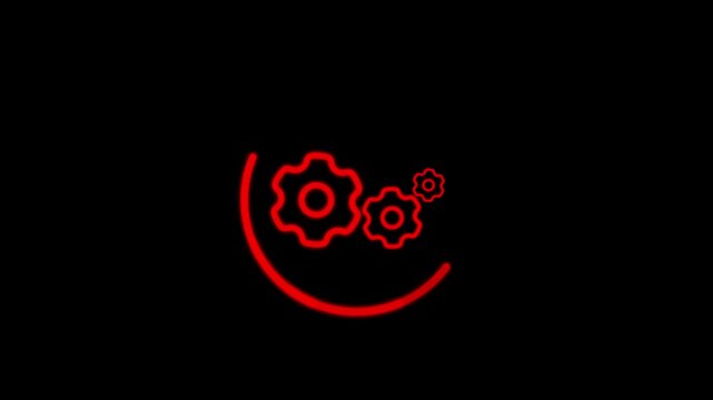 Rotating red gears in a circle with motion graphics on black background seamless looping footage