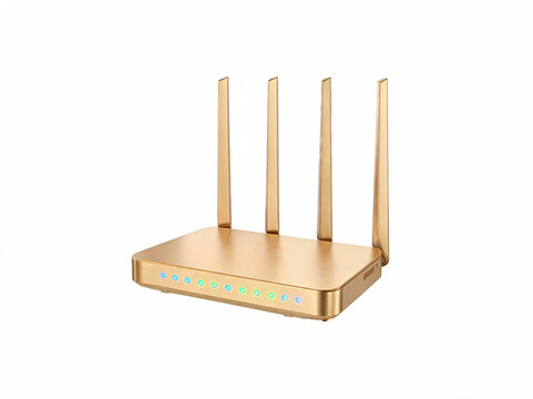 Modern gold  wireless Wi-Fi router with glowing status lights isolated on white background