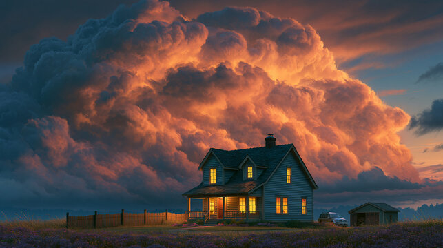 A cozy farmhouse glows under dramatic stormy sunset clouds in a rural field. Ideal for home insurance or weather concepts.