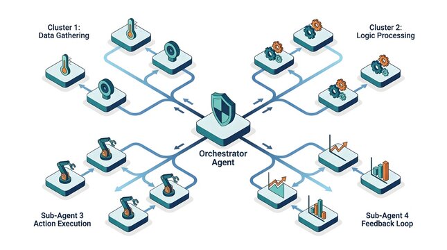 An Isometric View Infographic of Multi-Agent System Diagram Showing Data Gathering, Logic Processing, Action Execution and Feedback Loop