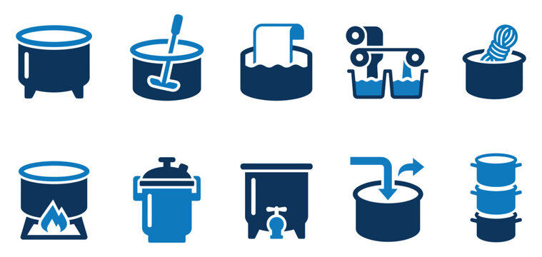 Set of ten blue icons showing different industrial dyeing and textile manufacturing processes and machinery Minimal solid fill icon set bundle collection. Editable Vector Illustration Mega pack