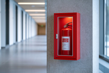 Obraz premium Bright Red Fire Extinguisher in Modern Office Building Hallway