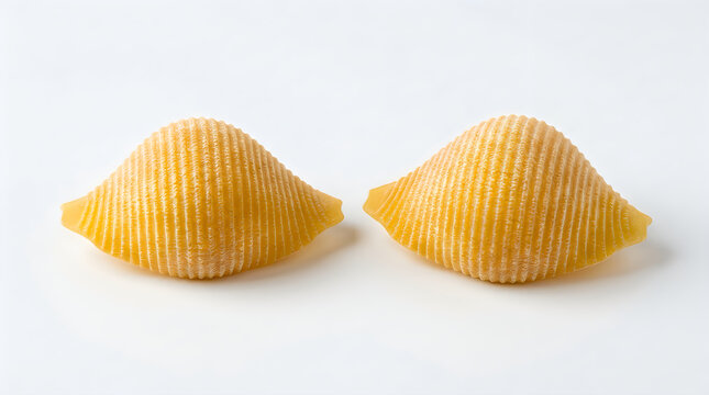 Two raw shell pasta pieces isolated on white background