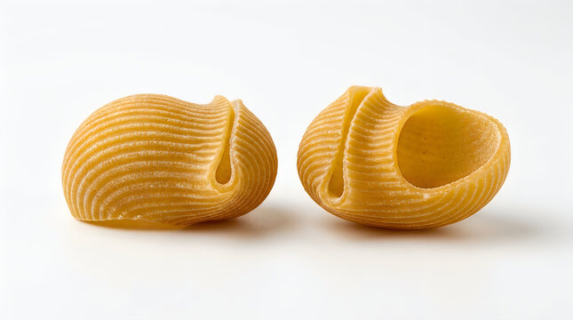 Two pieces of dry lumaconi pasta isolated on white