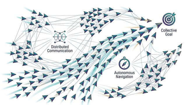 A swarm network diagram of multi-agent system  Illustrating Distributed Communication Autonomous Navigation and Collective Goal