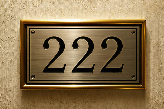 Golden metal room number 222 plaque on a hotel wall.
