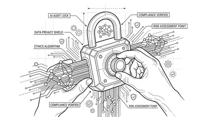 Obraz premium A human hand managing data locks for AI governance and compliance, bio digital data lock operation. 