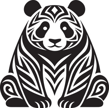 A stylized tribal panda bear illustration featuring bold black and white graphic patterns.