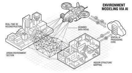 Obraz premium A Futuristic Drone processing spatial AI environment mapping on urban environment.