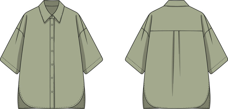 Front and back view of a sage green short sleeve button down shirt fashion technical sketch