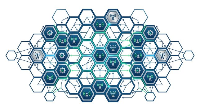 A decentralized multi-agent system swarm network with sprawling mesh of interconnected hexagons.