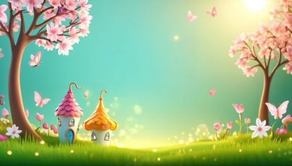 Obraz premium Whimsical spring meadow with tiny mushroom houses