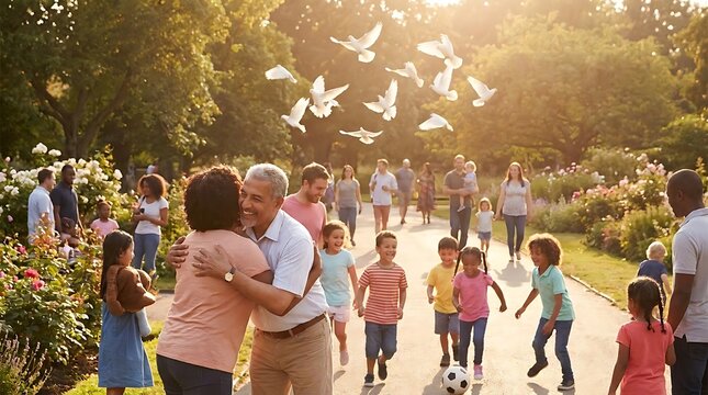 Diverse happy people and children playing in sunny park.