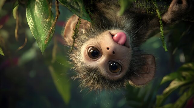 A playful young monkey hanging upside down in lush green foliage, showcasing its curious expression and playful nature.