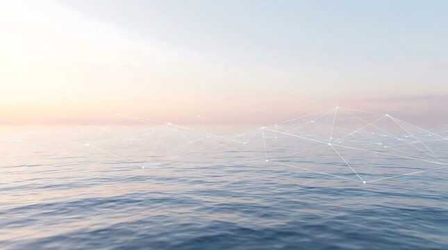 A conceptual beachcomber chart visualization showing a glowing digital mesh network floating above a calm ocean surface at sunset for technical data