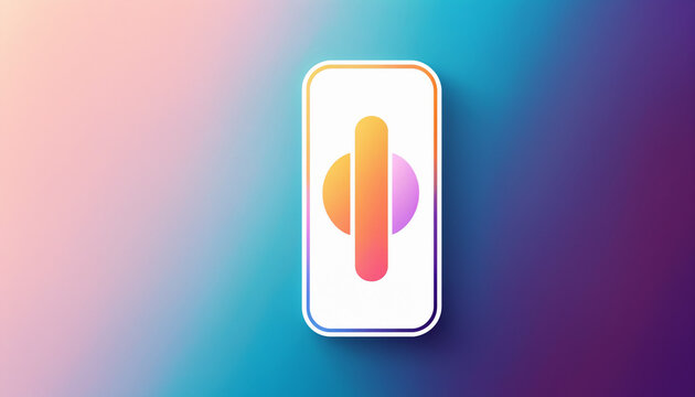 white rounded rectangular card containing an abstract graphic of a vertical orange pill shape intersecting a purple circle against a smooth pastel gradient background.